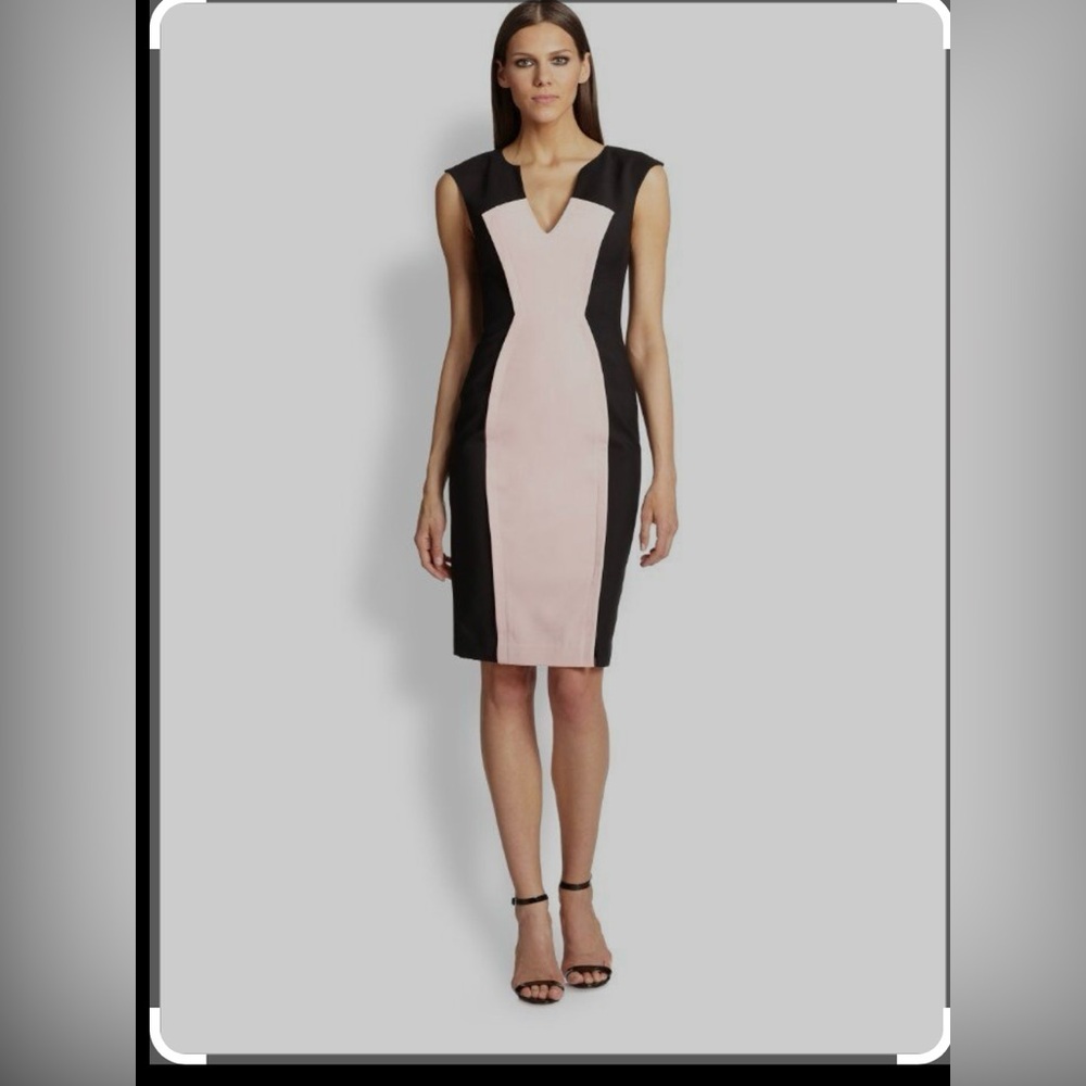 Black Halo Black and Cream Vneck Heston Zipper Vent Sheath Dress 10 NWT